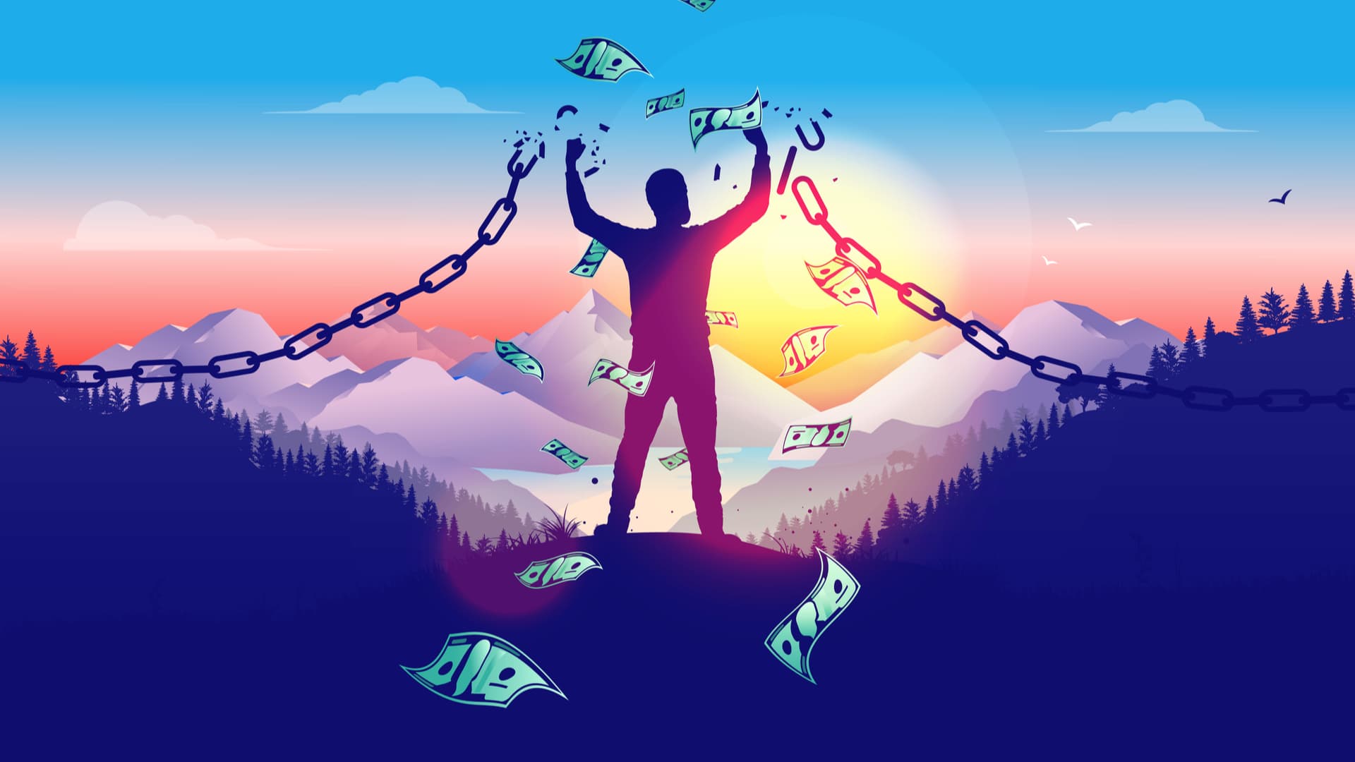 Man on a mountain freeing himself from chains and cash in the air